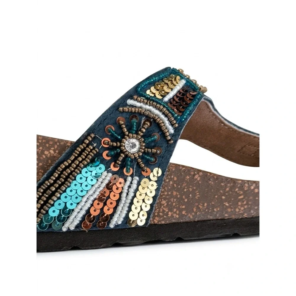 White Mountain Brilliant Beaded Leather Wedge Sandals NWT